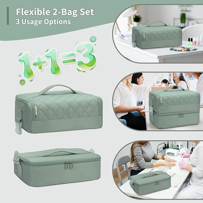 OCHEAL Nail Polish Organizer, Holds Nail Lamp and 45+ Bottles,3 Usage Modes Detachable Nail Storage Bag Travel Nail Tech Case Holds Nail Kit Stuff Manicure Tools -Green