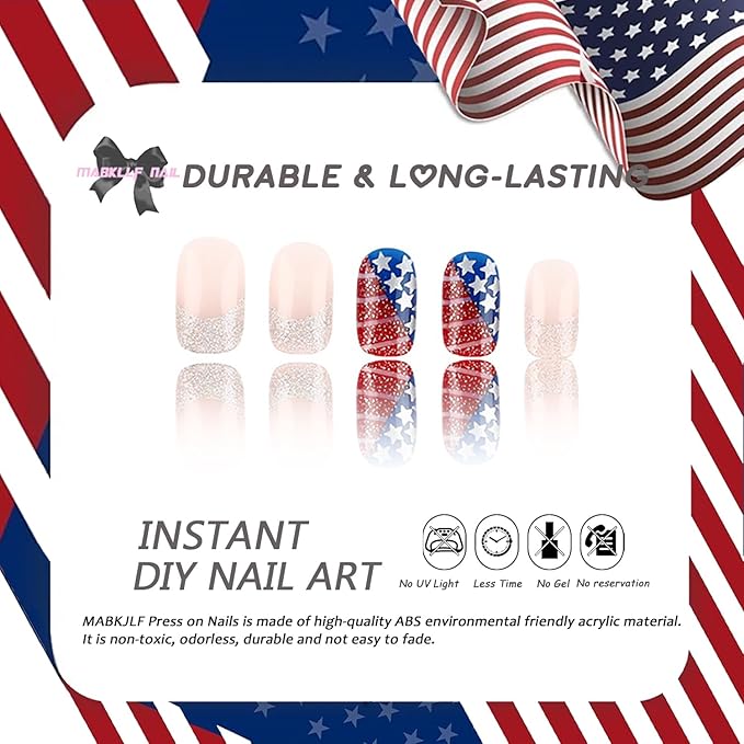 4th of July Press on Nails Medium Square Glitter French Tip Fake Nails America Flag False Nails with Star Designs Glossy Glue on Nails Nude Acrylic Nails Artificial Nails for Women Girls 24Pcs