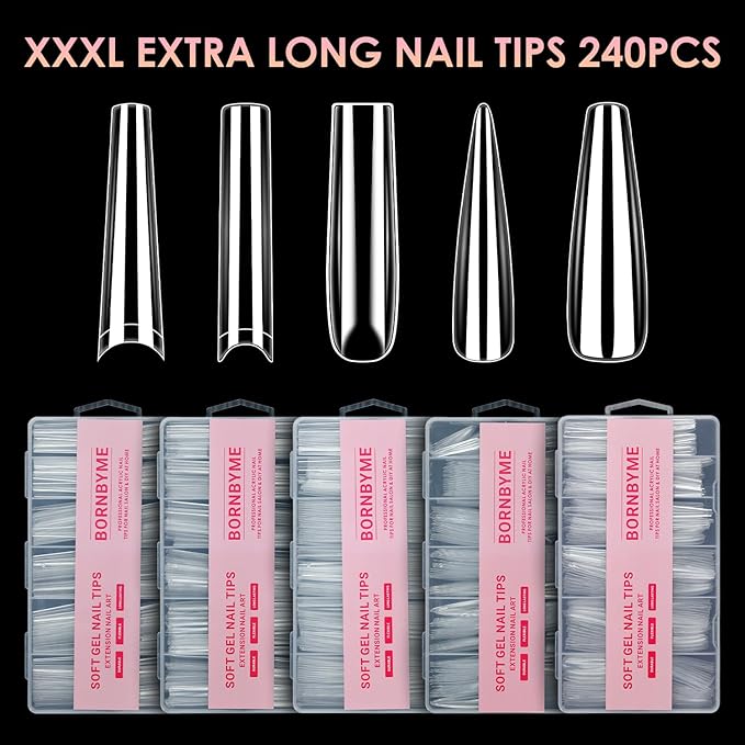 XXXL Nail Tips,BORNBYME Long Square Nail Tip Clear Nail Tips for Acrylic Nail Extension Press on Nails