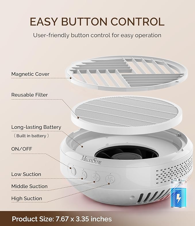 MelodySusie Advanced Cordless Portable NAI DustCollector, SProR 3500RPM Powerful Nail Vacuum Fan with 3 Suction Modes,Reusable Filter & Low Noise for Mobile Nail Tech, DIY Nail Artist & Home Use