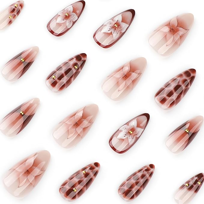 Press on Nails Almond - Medium Fake Nails with Flower Pattern Design - Brown Ombre False Nails Press Ons - for Women Manicure 24 Pcs