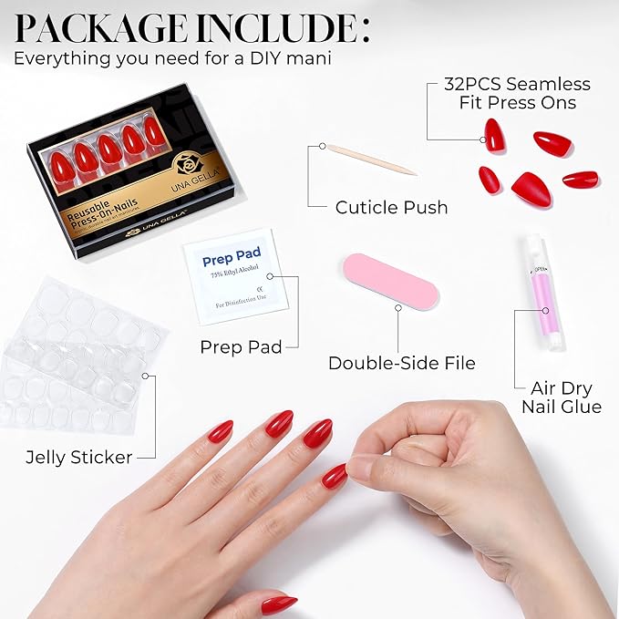 UNA GELLA 32Pcs Soft Gel Press on Nails - 16 Sizes Classic Red Almond Glue on Nails, Reusable Glossy Solid Red False Nails, Full Cover Acrylic Nail Kit for Women DIY Home Manicure