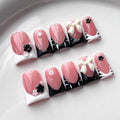 French Tip Press on Nails Handmade Short Duck 3D Thick Acrylic Nails Elegant False Nails with Flower Bow Designs Black&White Glossy Fake Nail White Sturdy Art Press on Nail 10Pcs(M)