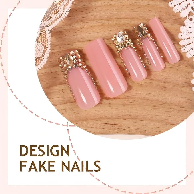 Long Square French Tip Press on Nails Full Diamonds Fake Nail with Full Diamonds Designs False Nails Press Ons Gift for Women 24pcs