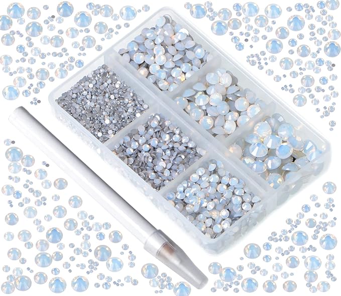 Bymitel 5000 Pieces 6 Mixed Sizes Glue Fix on Glass Rhinestones Round Crystal Gems Flatback for DIY Jewelry Making with one Picking Pen(6-Sizes 5000PCS, White Opal)