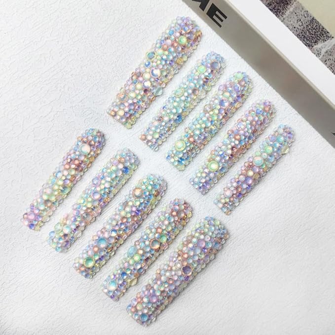 2025 Long Novel Design and Reusable Handmade PMMA Acrylic Press on Nails Full Coverage Candy 3D Crystal Fake Nails With Box Gifts for Women (Pastel Galaxy, Medium)
