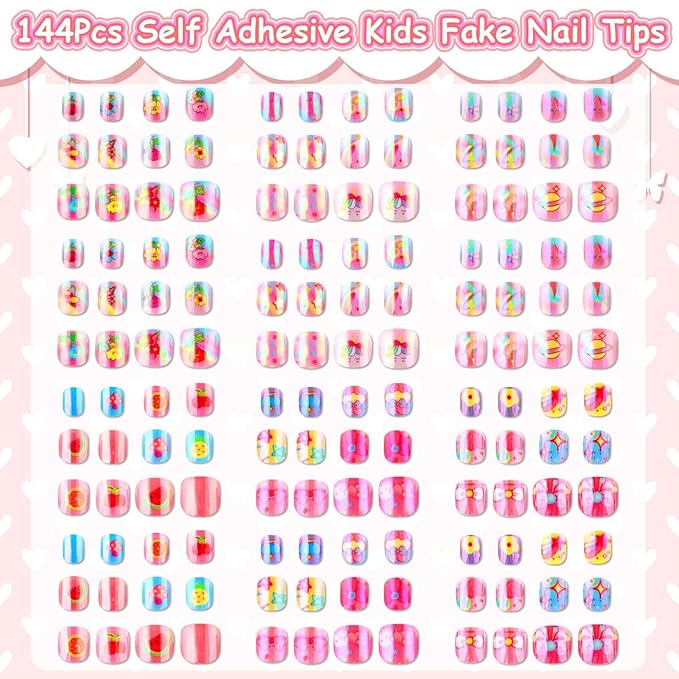 144 Pcs Small Holographic Press on Nails for Kids, Girls Fake Nails Mini False Nail Tips Pre Glue Full Cover Acrylic Nails for Girls Nail Art Decoration