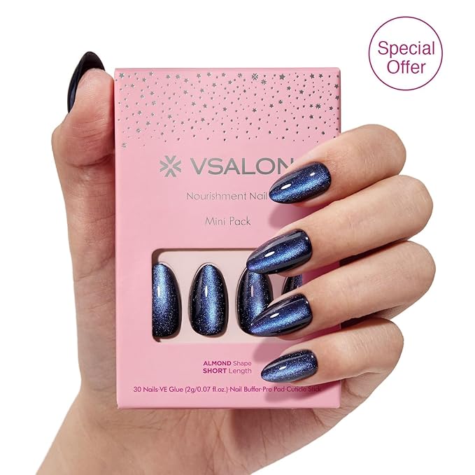 VSALON Press on Nails Almond Short for Newbies, Dark Blue Cat Eye Chrome Glossy Glitter Stick On 32 pcs Fake Nails Kit in 16 Sizes, Reusable Opaque Gel Nails with Glue, Cuticle Stick & Nail Buffer