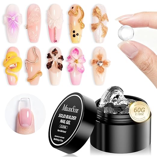 MelodySusie Solid Builder Nail Gel 3D Gel Nail Art 4 in 1 Non-Sticky for Extension UV Glue for Acrylic Nails Clear 60ML
