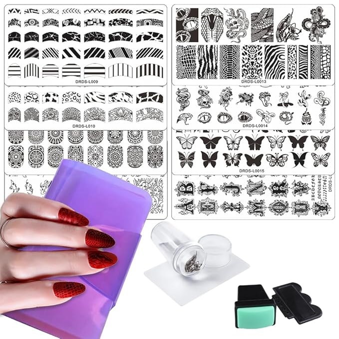 VNC 13PCS Nail Stamp Templates Set - 8Pcs Stamping Plate + 2Nail Stamper + 2Scraper+1Pcs Case Flower Butterfly Animal Design Metal Image Nail Plates Print Stamper Decals Set Manicure Stencils Tools