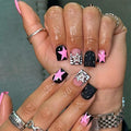 Square Press on Nails Short Fake Nails with Designs Stars Rhinestone Stick on Nail Pink Stars Acrylic False Nail Glossy Artificial Nail Full Cover Glue on Nails for Women