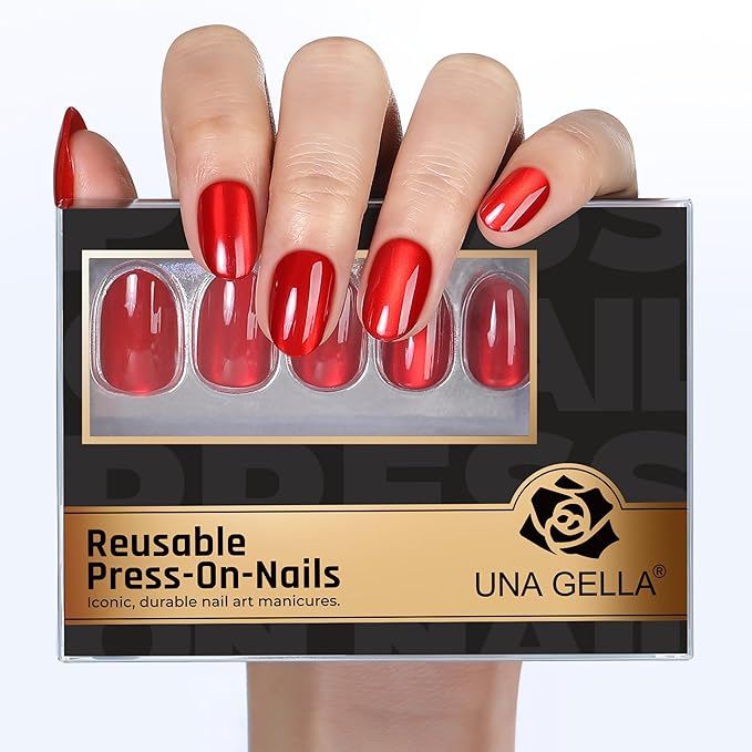UNA GELLA 32Pcs Soft Gel Press on Nails - 16 Sizes Red Cat Eye Oval Round Glue on Nails, Reusable Glitter Velvet False Nails, Full Cover Acrylic Nail Kit for Women DIY Home Manicure