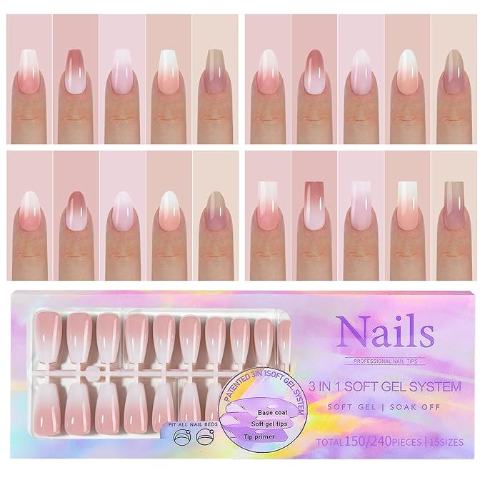 300pcs Press On Nails, 5 Colors, 2 Shapes, 15 Sizes, Full Cover Long Square Almond Nail Tips, Stick On Nails For Women Girls, DIY Nail Art