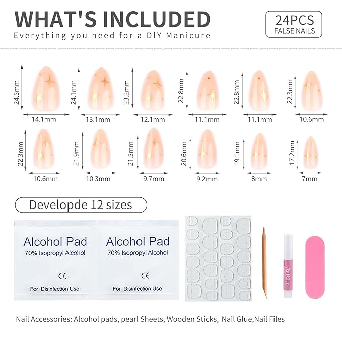 Nude Pink Almond Press On Nails Short, cute Fake Nails with Gold Star & Dot Detail, Glossy Gel Finish Acrylic Nails, Reusable Glue On Nail Kit for Women, Trendy Star Design False Nail, 24Pcs