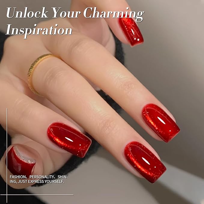 Born Pretty Christmas Red Cat Magnetic Eye Gel Nail Polish Set,6 Colors Burgundy Dark Cherry Red Glitter Shimmer Magnetic Gel Polish Kit Fall Winter Soak Off U V Nail Polish DIY Art for Women 7ML