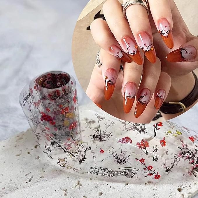 JERCLITY 10 Rolls Chinese Style Nail Foil Transfer Sticker Plum Orchid Bamboo Ink Painting Pattern Nail Art Decals Transfer Stickers Wraps