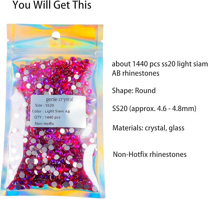 Genie Crystal 1440 PCS Light Siam AB Rhinestones Flatback SS20, 5mm 10 Gross Red Aurora Borealis Glue on Glass Rhinestones Strass for Tumbler,DIY Crafts, Shoes, Dance Costumes, Bling Decoration