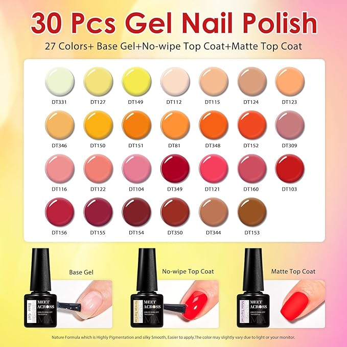 MEET ACROSS Gel Nail Polish Set,Gel Nail Kit Art Design Soak Off UV LED,Nail Art Design Gifts for Women (Set-9, 30PCS)