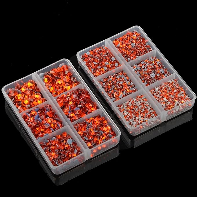 10000Pcs 2-Boxes Mixed Size Hot Fix Round Crystals Gems Glass Stones Hotfix Flat Back Rhinestones with Tweezers and Picking Pencil (Orange)