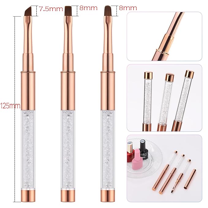 JASSINS Nail Art Clean Up Brushes, 3 Pcs Flat/Oval/Fine Angled Gel Nail Brushes,For Nail Art Design Painting DIY and Cleaning Polish Mistake on the Cuticles (Gold)