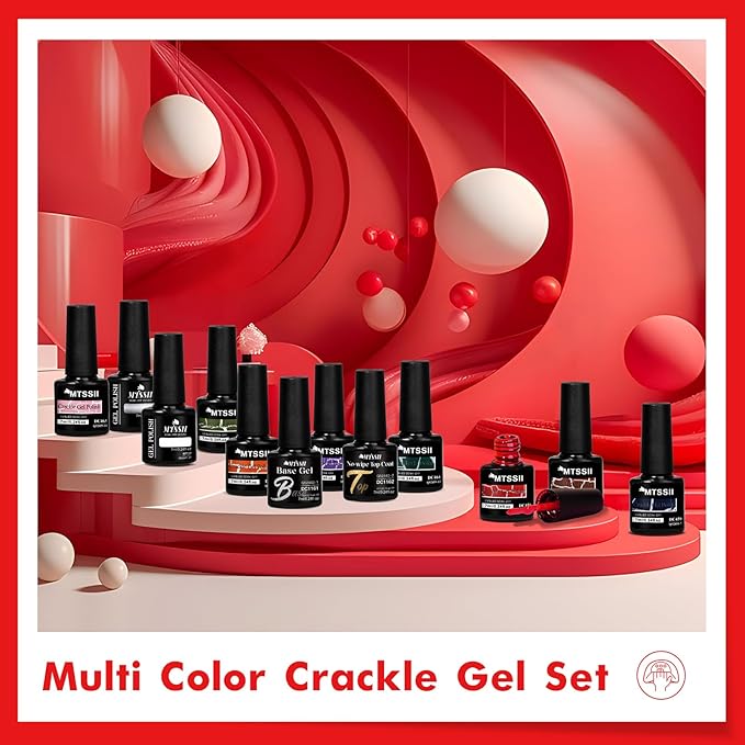 MTSSII 12pc Crackle Gel Nail Polish Set - 8 Colors (Red, Purple, Orange, Pink, Green, Blue) + White & Silver Gel Polish - Air Dry & UV LED Lamp Needed