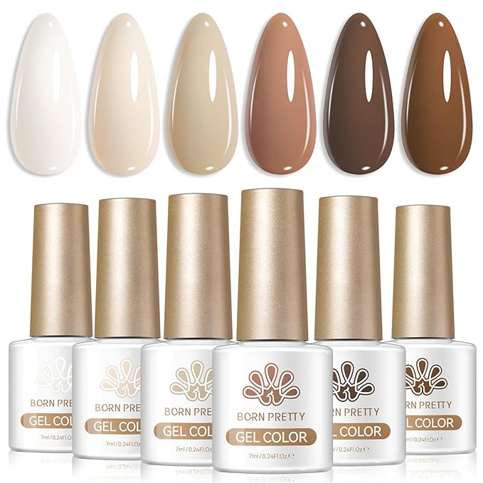 BORN PRETTY Nude Brown Gel Nail Polish Set 6 Colors Nude Skin Tone Beige Khaki Chocolate Coffee Soak Off U v Gel Polish Kit for Salon Manicure and Nail Art DIY at Home