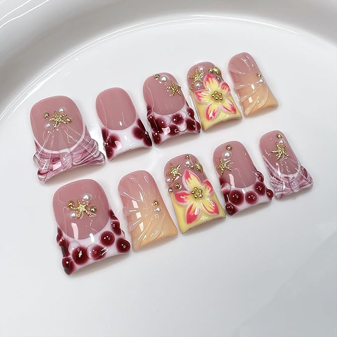 Duck Press on Nails Medium Fake Nails with Glue French Tip Handmade False Nails with 3D Flower Starfish Designs Acrylic Nails Press Ons Artificial Glossy Stick on Nail for Women 10 Pcs (Size M)