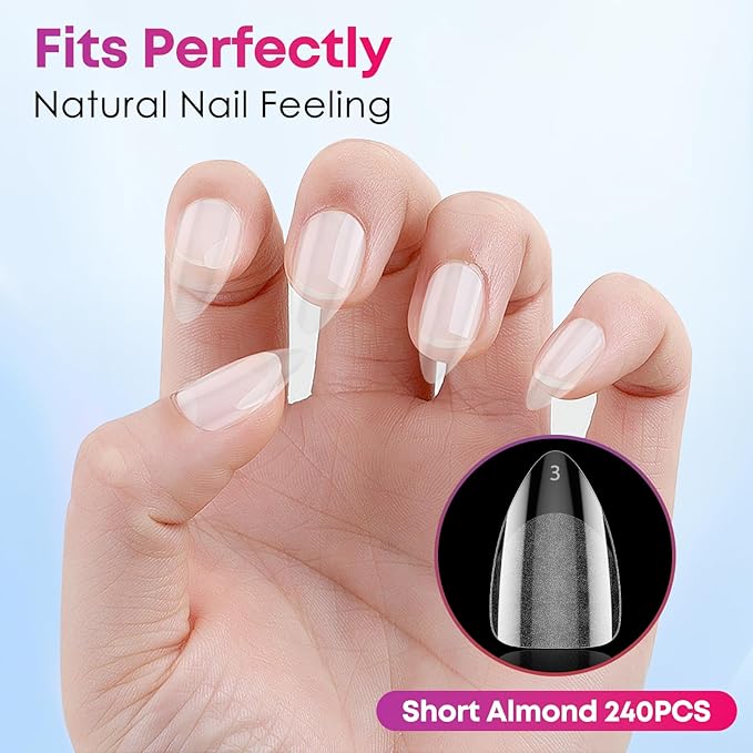 Almond Soft Gel Nail Tips, 240Pcs Pre Etched Clear Fake Nails Short Almond Shape, 12 Sizes Half Matte Full Cover Acrylic Press on Flase Tip Nail for Extension Nail Manicure Home DIY with Box