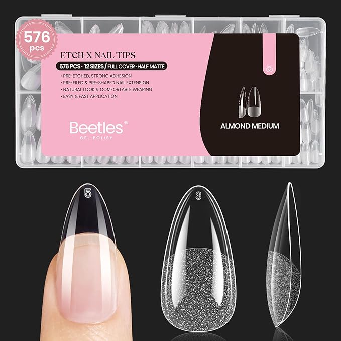 Beetles Gel Nail Tips Etch-X - Almond Medium, 576pcs 12 Sizes, Pre-Etched Half Matte Full Cover Soft Acrylic False Nail Tips Clear Press on Easy DIY Extension Salon Gift for Women