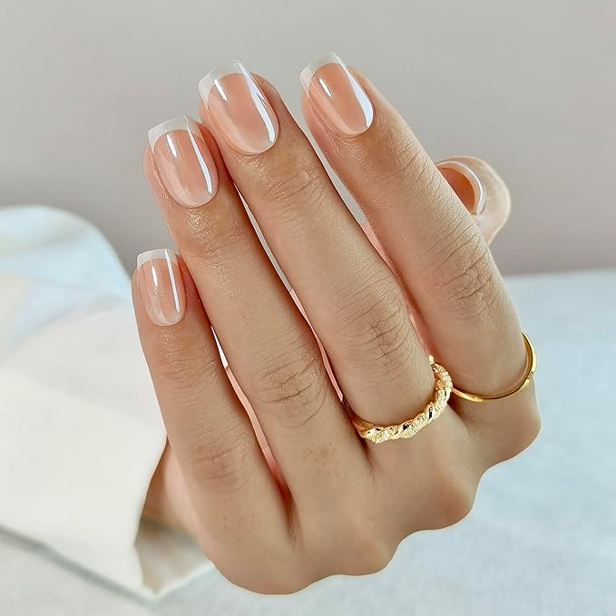 Press On Nails - Sweetie | Chrome Press On Nails Short Square Fake Nails White French Tip Nails | 32 Nails, 16 Sizes Kit with Glue and Adhesive Tabs