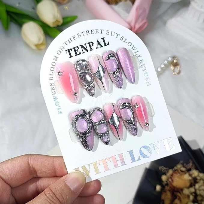 Handmade Press on Nails Almond,Sweet Cool Fake Nails With Designs,Metal 3D Aurora Nails 10Pcs/Box,Acrylic False Nails Press Ons,y2k False Nails With Glue For Women Girls Gift(L)