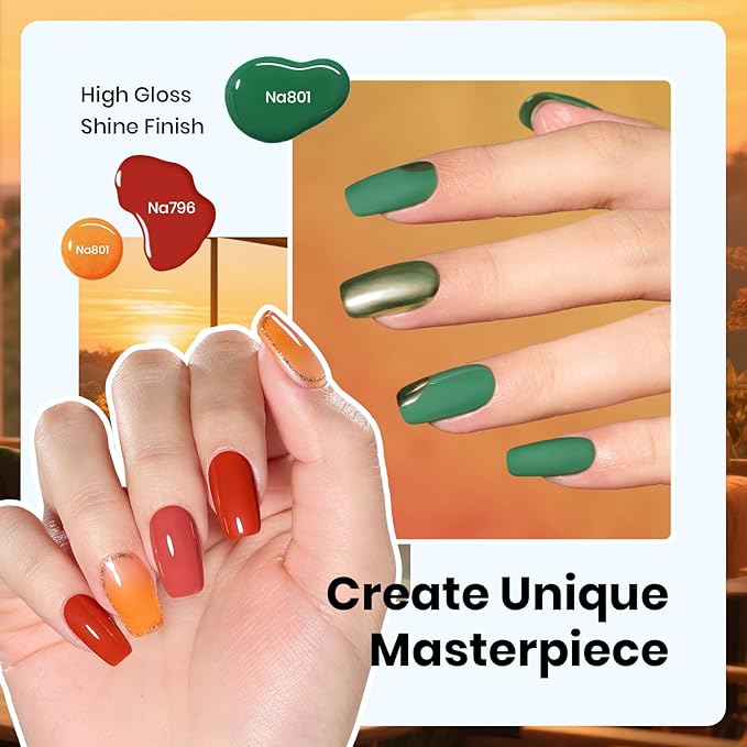 Beetles Hema-Free Gel Polish Set – 6PCS 15ML Golden Hour Hema Free Gel Nail Polish Set, Burgundy Orange Dark Red Green Color Matching Bottles Soak Off UV LED DIY Home Salon Gift for Women
