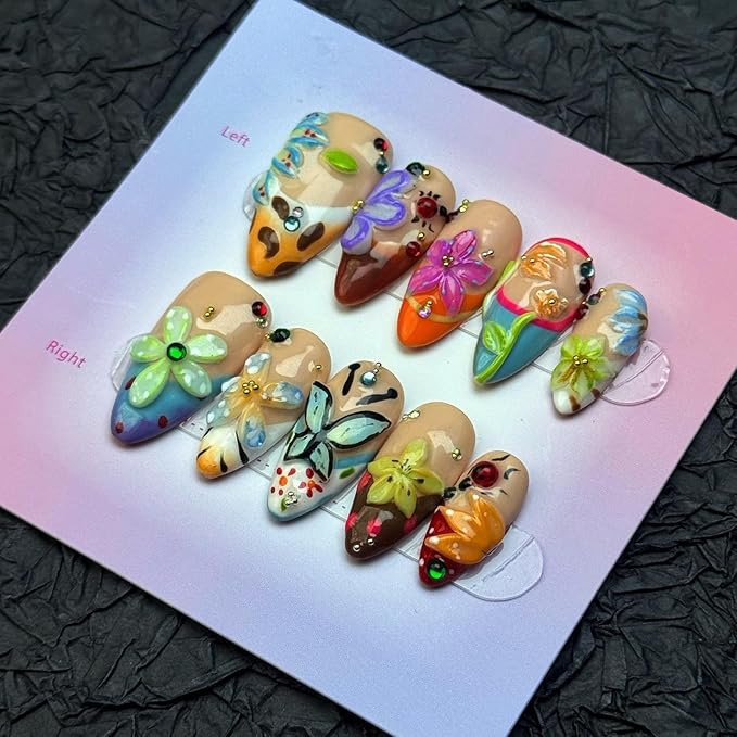 100% Handmade Press on Nails Colorful Flower Medium Almond Fake Nails with 5D Butterfly Design French tip Glue on Nails Floral False Nail Reusable Handmade Nail for Women Manicure Size L