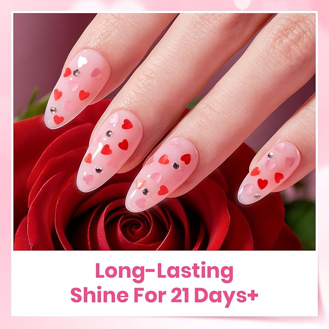 Beetles Heart Glitter Top Coat and Rubber Base Color Gel Polish Kit, Easy Heart & Glossy Shine Nail Art, Long Lasting Soak Off Manicure Spring Gift for Women