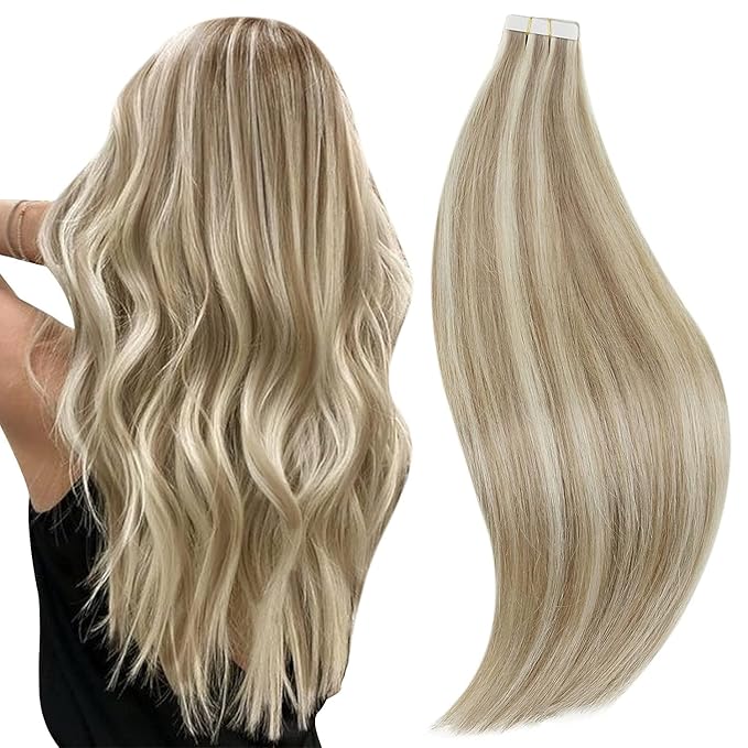 RUNATURE Blonde Tape in Hair Extensions Human Hair 24 Inch Tape in Extensions Ash Brown Highlight Platinum Blonde Tape ins Human Hair Extensions Long Remy Hair Easy to Apply 50g 20pcs