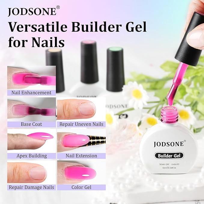 JODSONE Builder Gel for Nails,4Pcs Builder Gel Set 10ml,Nail Extension & Strengthening,Green Yellow Purple & Rose Red,Long Lasting Nail Art Gift Sets for Women