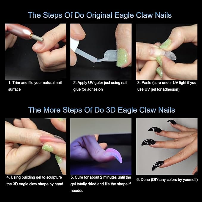 2 Boxes Curved Stiletto Nail Tips 200Pcs Acrylic Raptor Eagle Claw Nails Extension Tip, Pre-shaped Gel Half Cover False Nail Tips Halloween Nail Art DIY Home & Salon Manicure, Drag Queen Nails Cosplay