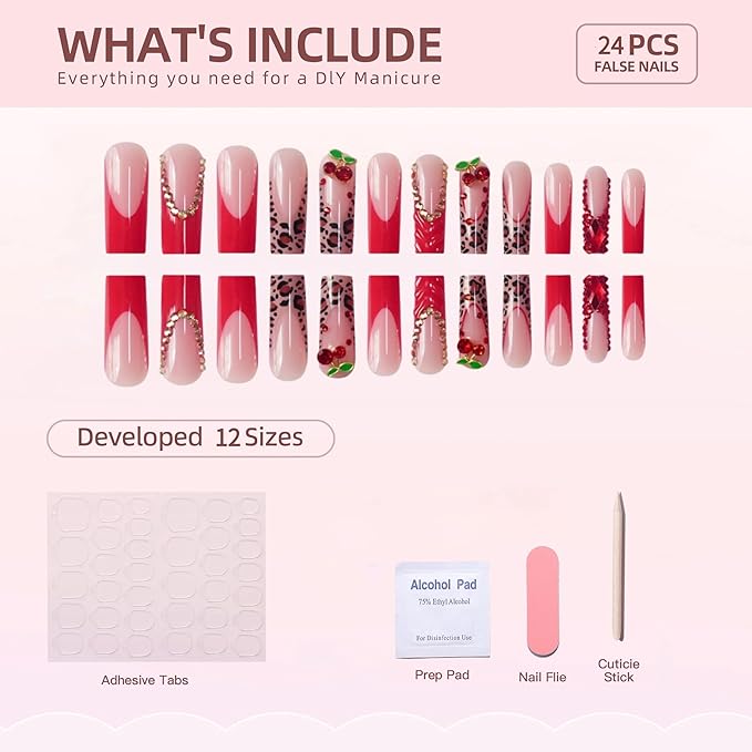 Red French Tip Press on Nails Long Square Fake Nails Glossy Glue on Nail with with Bow Charm Rhinestone Bling Acrylic False Nails Brown Cheeatah Artificial Nails Stick on Nail for Women
