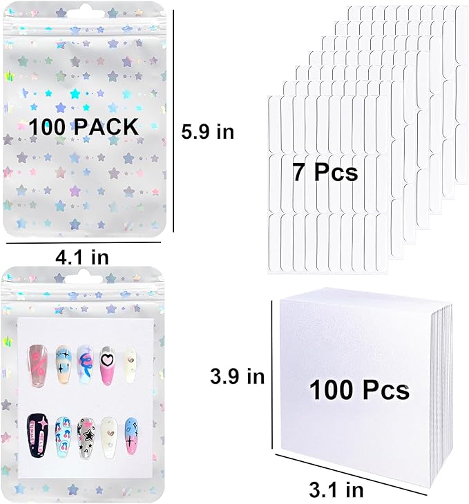 100 PCS Press On Nails Packaging Bag Holographic Nail Storage Bag and 100PCS Shiny White Pearl Card with 7 Sheets Pre-cut Nail Tape (White Star)