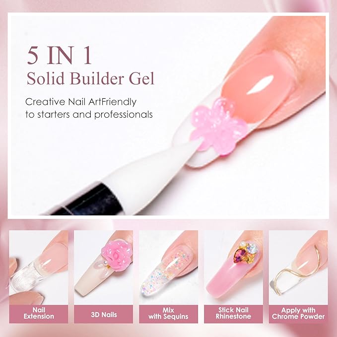 MEET ACROSS Solid Builder Nail Gel 3D Nail Gels Sculpting Gel for Art Non-Sticky Hand Extension Clear White Dirty Pink with Nail Pen Gift for Women