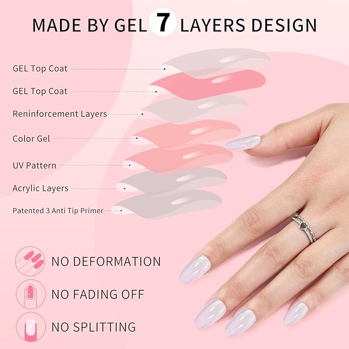 Cat Eyes Press On Nails,12 Sizes - 24 Pcs Soft Gel Purple Medium Coffin Fake Nails Kit with Nail Glue, Natural Reusable Stick On False Nails for Women and Girls (Skycloud Short Light Purple) SK0716