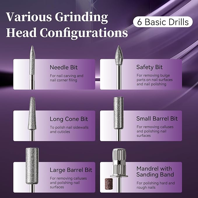 JODSONE Professional Nail Drill 30000 RPM Low Noise with Speed Control Slide Button and 6 Replacement Drill Bits ,Manicure Pedicure Tools for Home Salon Use