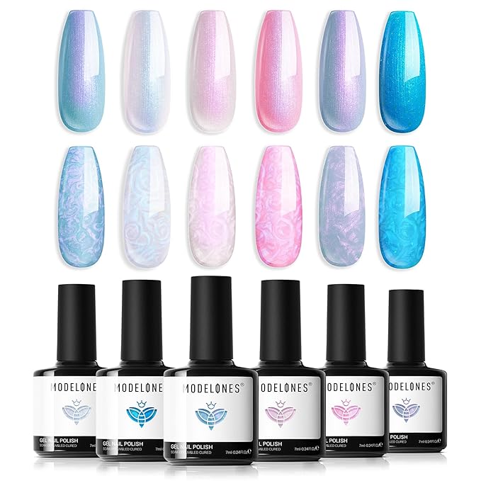 modelones Gel Nail Polish Set 6 Colors Pink Blue Pearl Gel Nail Polish White Pink Blue Shimmer Mermaid Glitter Polish All Seasons Soak Off Nail Drawing Swirl Shell Thread Effect DIY Gift Women Girl