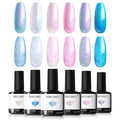 modelones Gel Nail Polish Set 6 Colors Pink Blue Pearl Gel Nail Polish White Pink Blue Shimmer Mermaid Glitter Polish All Seasons Soak Off Nail Drawing Swirl Shell Thread Effect DIY Gift Women Girl
