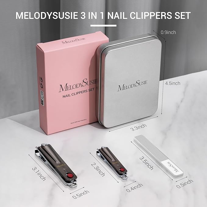 MelodySusie Nail Clippers Set, Ultra Sharp Toenail Clippers with Glass Nail File, 3 in 1 Stainless Steel Nail Clippers for Men Women, Fingernail Clipper Nail Cutter Manicure Set, Dark Gray