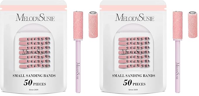 MelodySusie 50 Pcs Nail Drill Bits Small Sanding Bands with 3.1mm Mandrel Bit, 180 Fine Grit Nail File for Acrylic Nails Gel Manicures and Pedicure, Pink (Pack of 2)