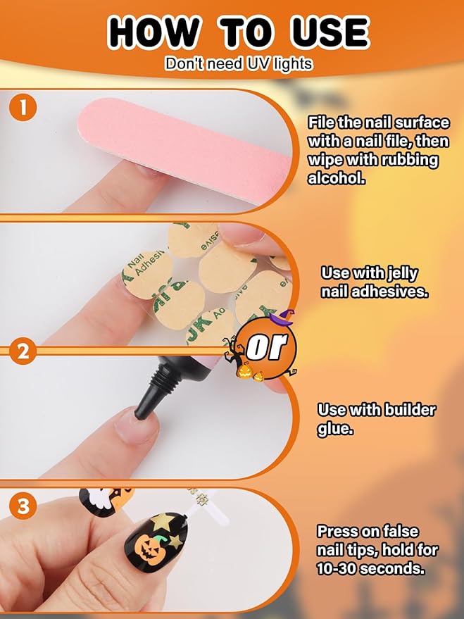 EBANKU Halloween Kid Press on Nails, 24Pcs Almond Fake Nails Kit Full Cover Pumpkin Wed Design Stick on Nail with Nail Glue for Girl