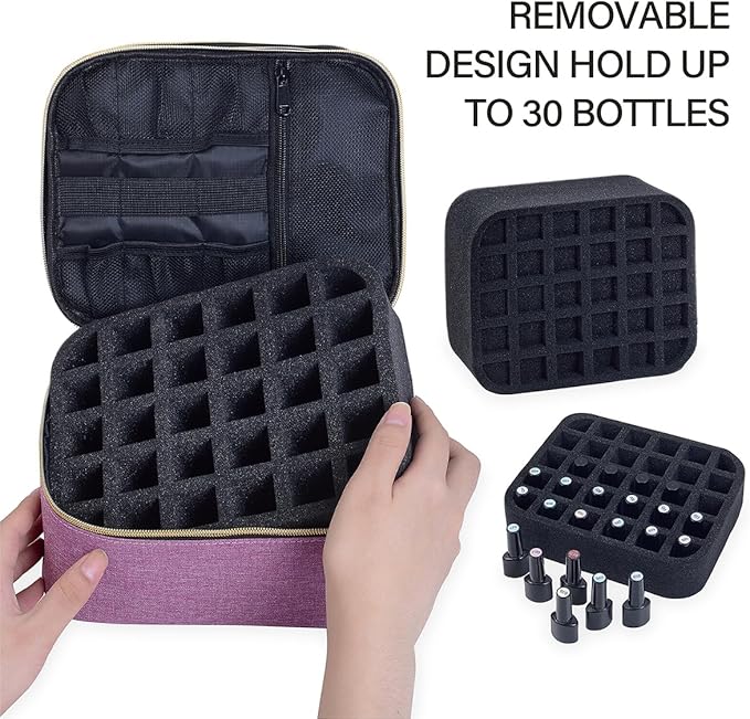 Nail Polish Organizer, Handheld Double Layer Nail Polish Storage with Adjustable Dividers, Holds 30 Bottles (15ml/0.5 fl.oz) for Nail Polish Lamp Manicure Tools and Essential Oil, Purple