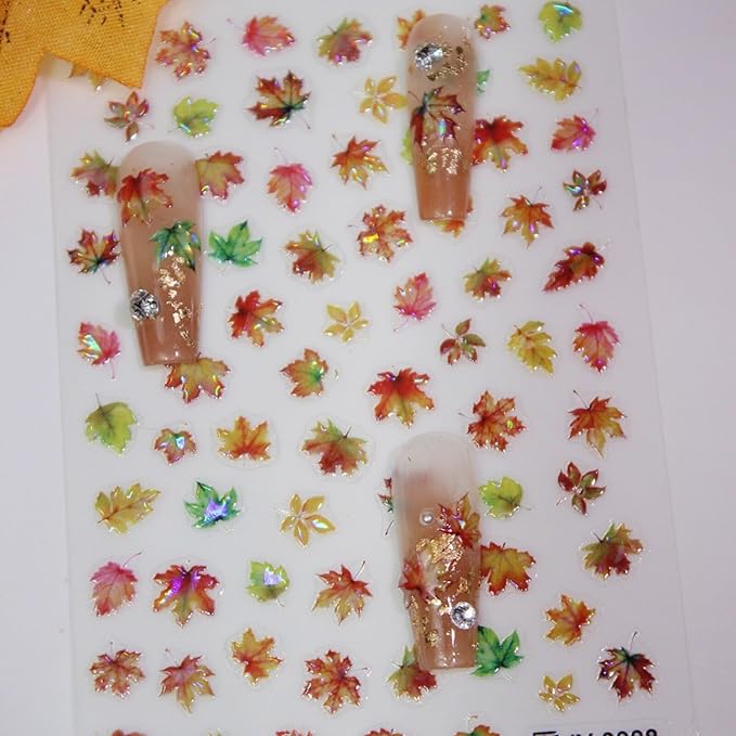 Fall Nail Stickers Thanksgiving 5D Embossed for Glitter Maple Leaves Glitter Nail Art 3D Self-Adhesive Nails Decoration Autumn Holiday Nail Decals DIY for Women Girls Manicure Supplies 4 Sheets