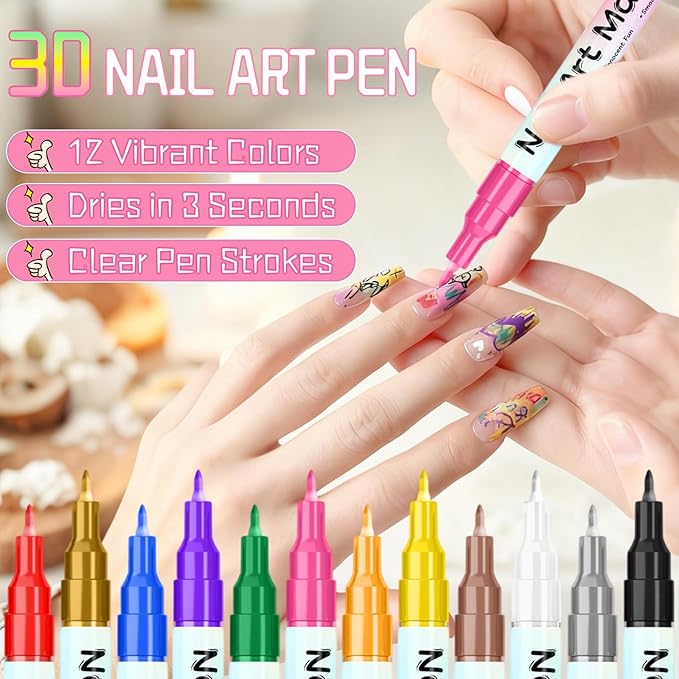 2026 New12 Colors Nail Art Pens Set,Magiart Waterproof Nail Art Pen,3D Quick Dry Nail Polish Pens, Dotting Nail Art Pen Kit Tools Nails Art Markers,0.5mm Precision Tip